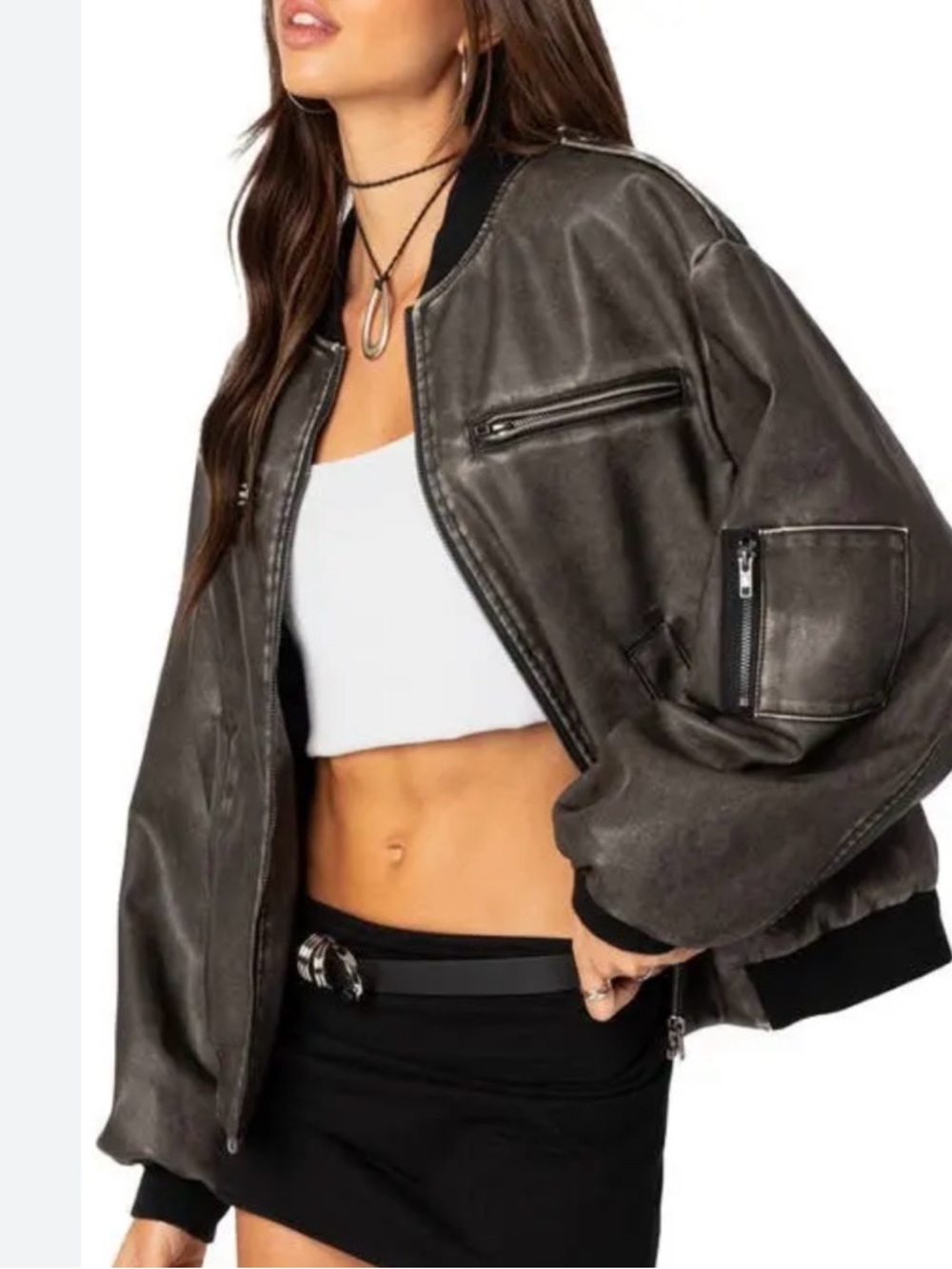 Edikted Gray Washed Faux Leather Jacket with Ribbed Trim
